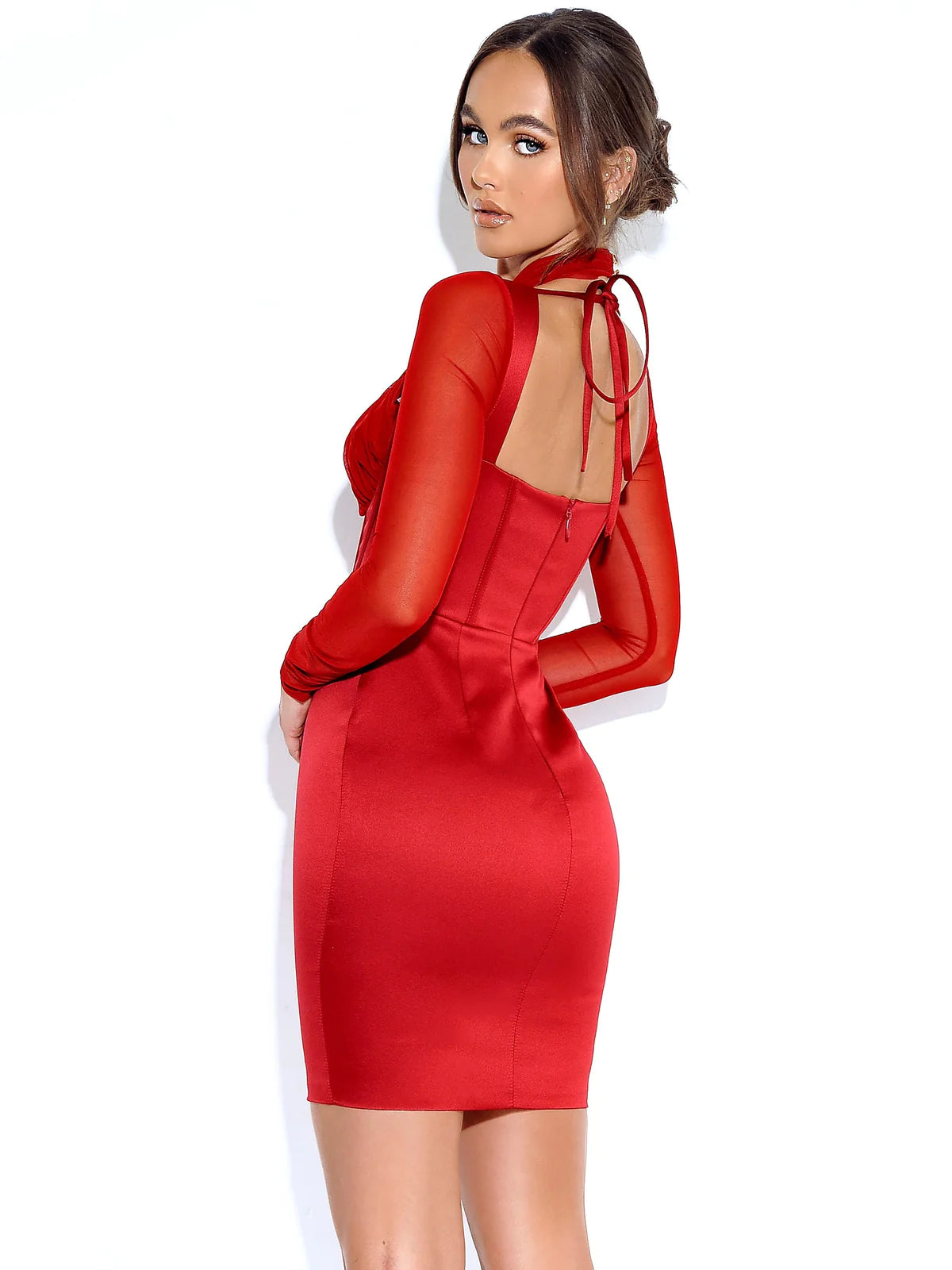 Jocelynn Burgundy Satin Mesh Long Sleeve Corset Dress