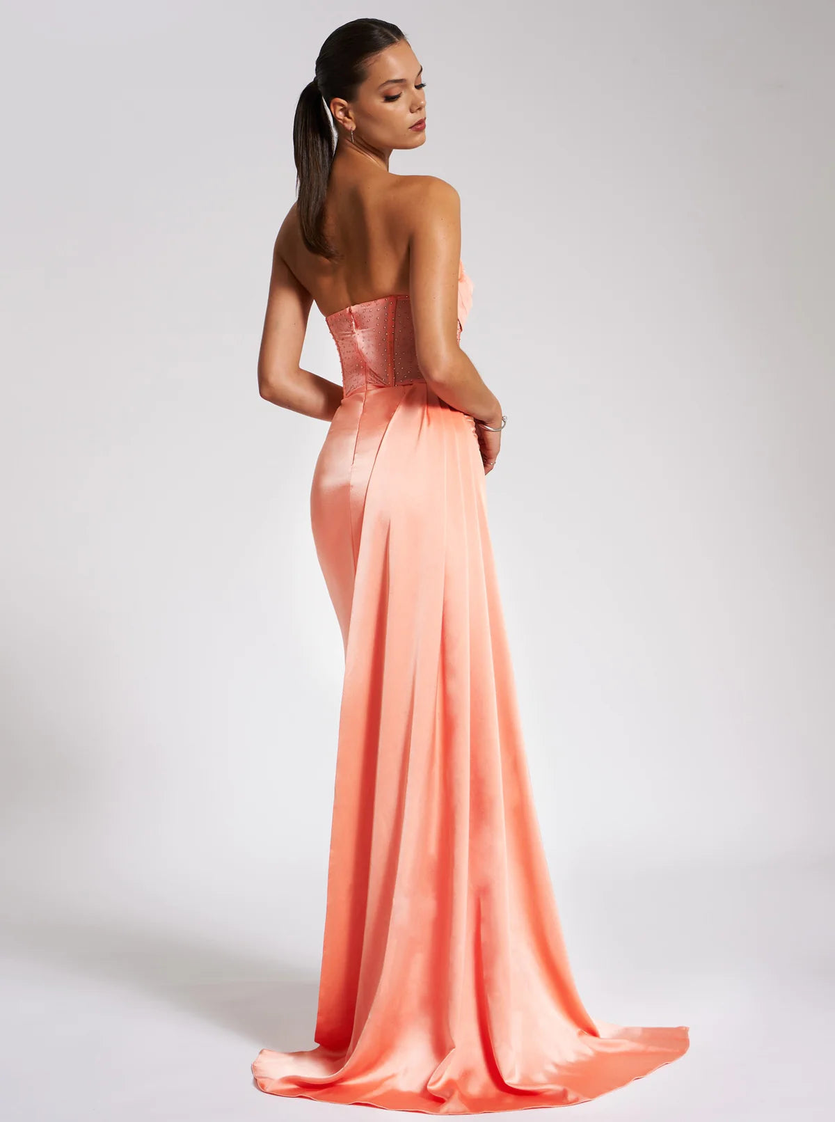 Holly Coral Crystallized Corset High Slit Satin Gown