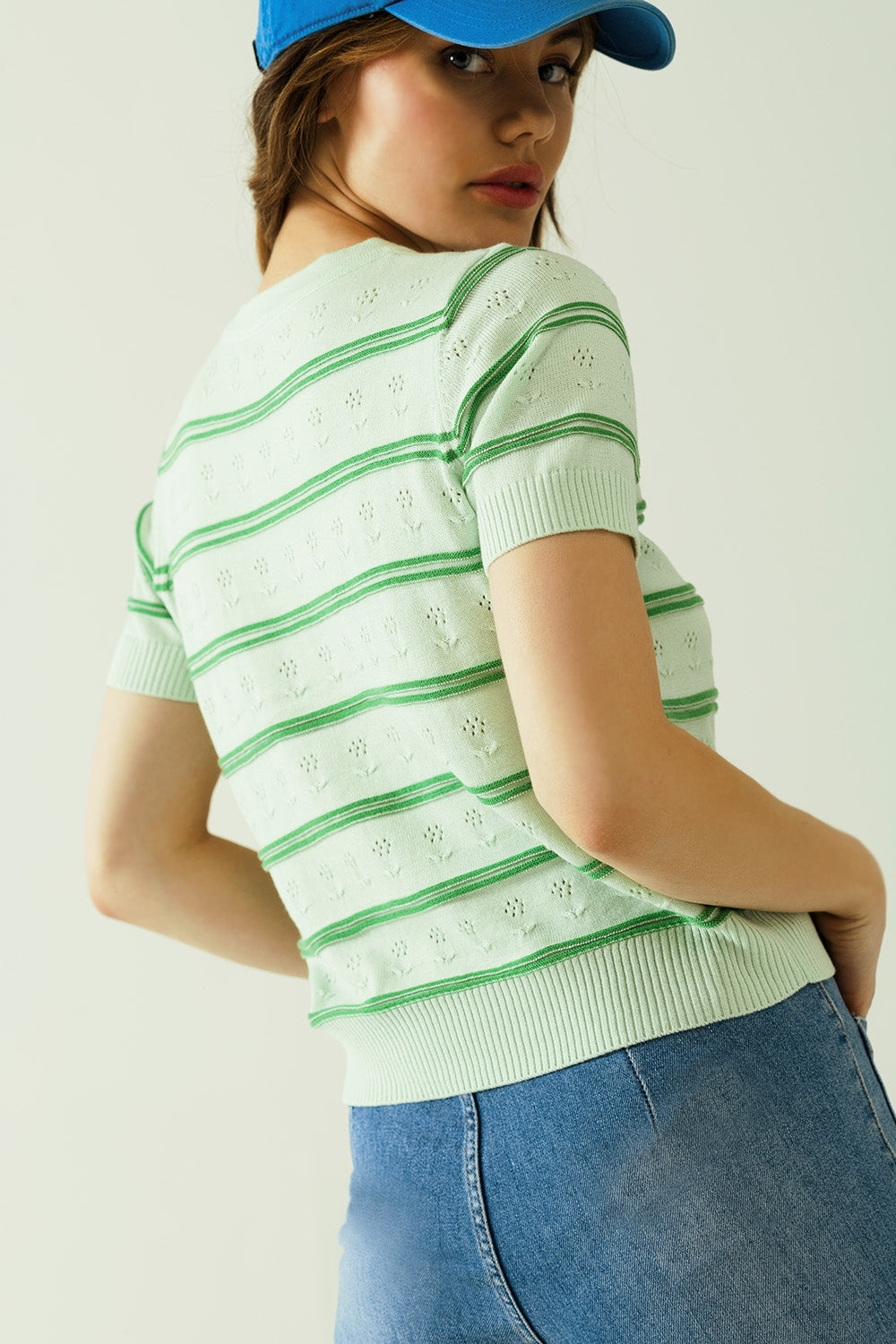 Light Green Sweater With Dark Green Stripe With Discreet Floral Details
