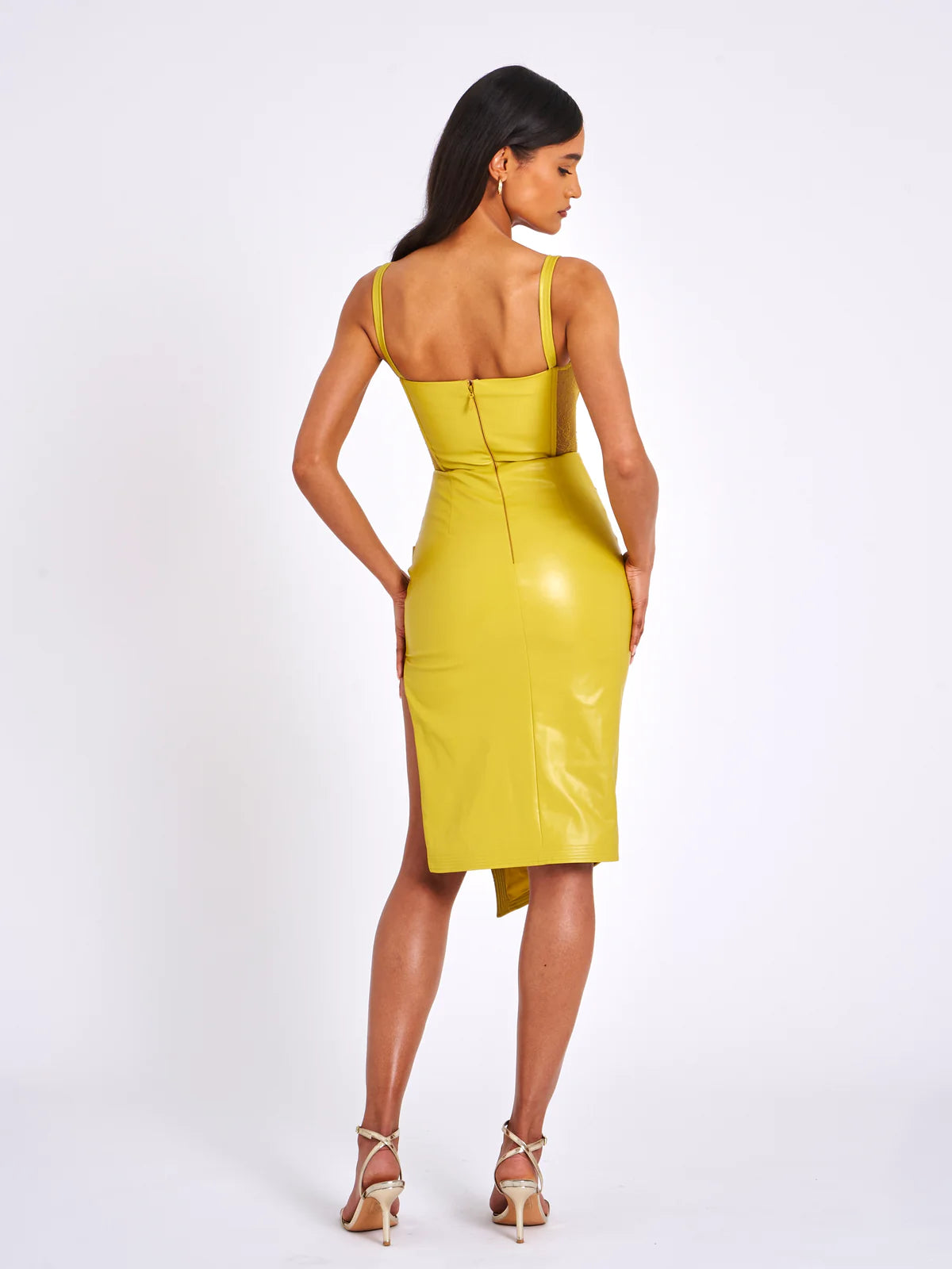 Betsy Olive Corset Vegan Leather Dress With Lace Details