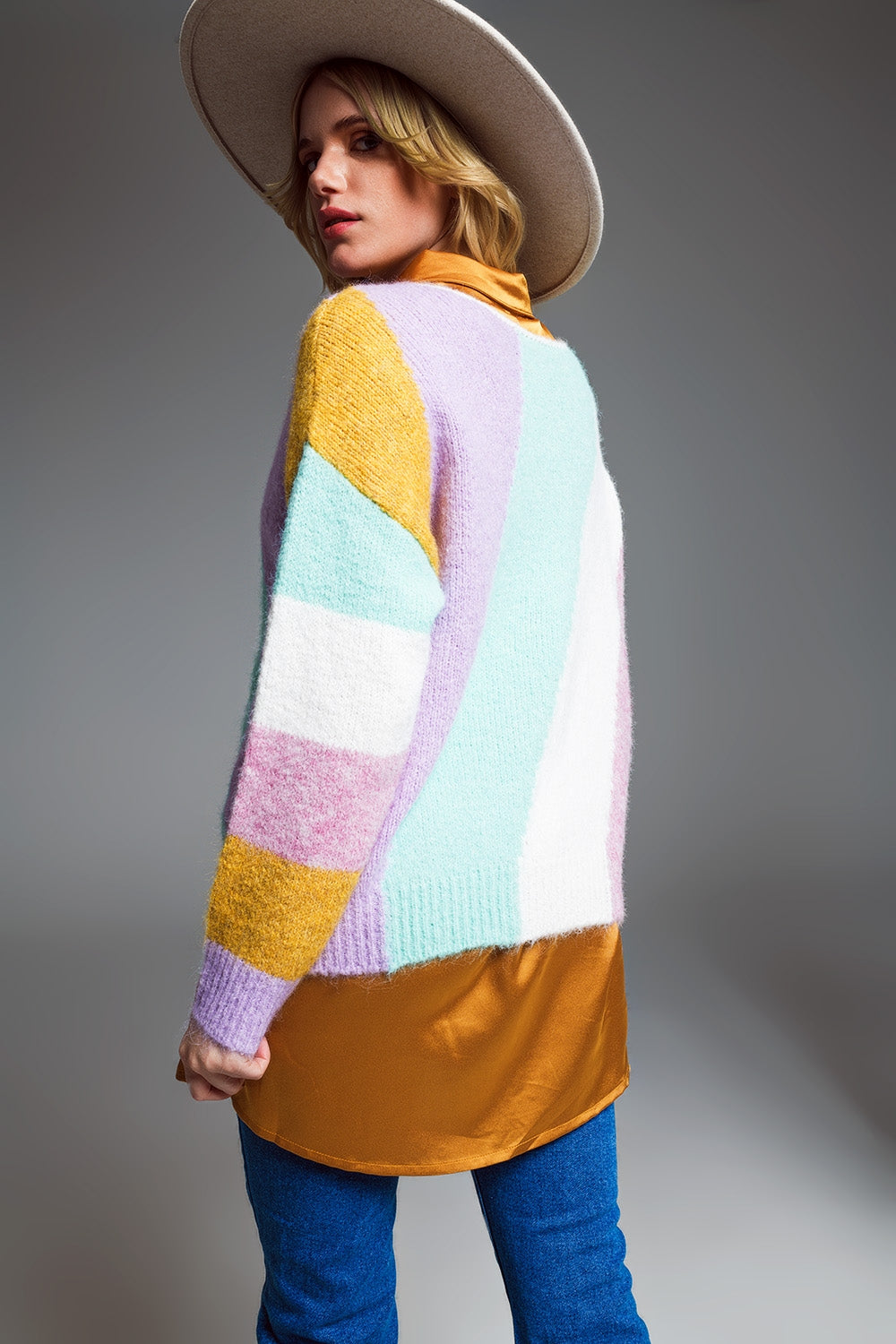 Relaxed Multicolor Diagonal Stripe Sweater With Boat Neck In Pastel Colors