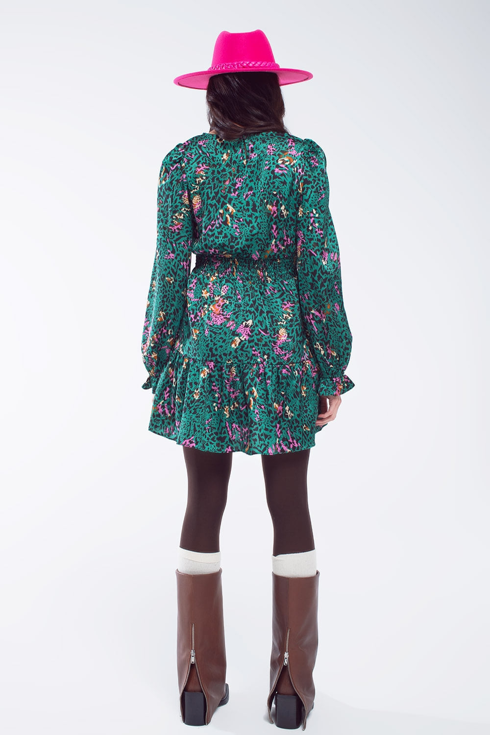 Copy of Short Printed Dress With Tiered Skirt And Ruffled Cuff In Green