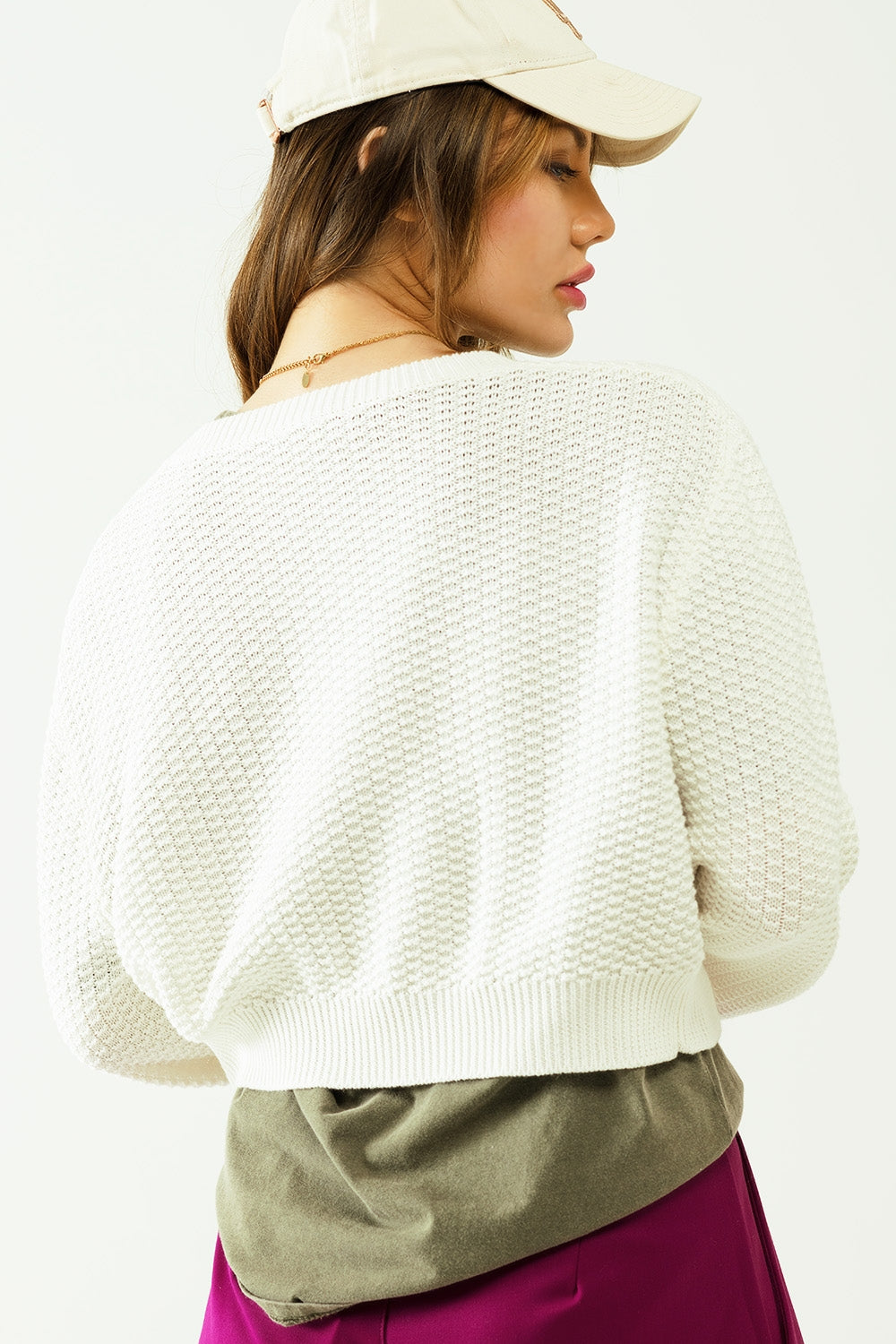 White Long Sleeve Cardigan With Button Closure And Front Pockets