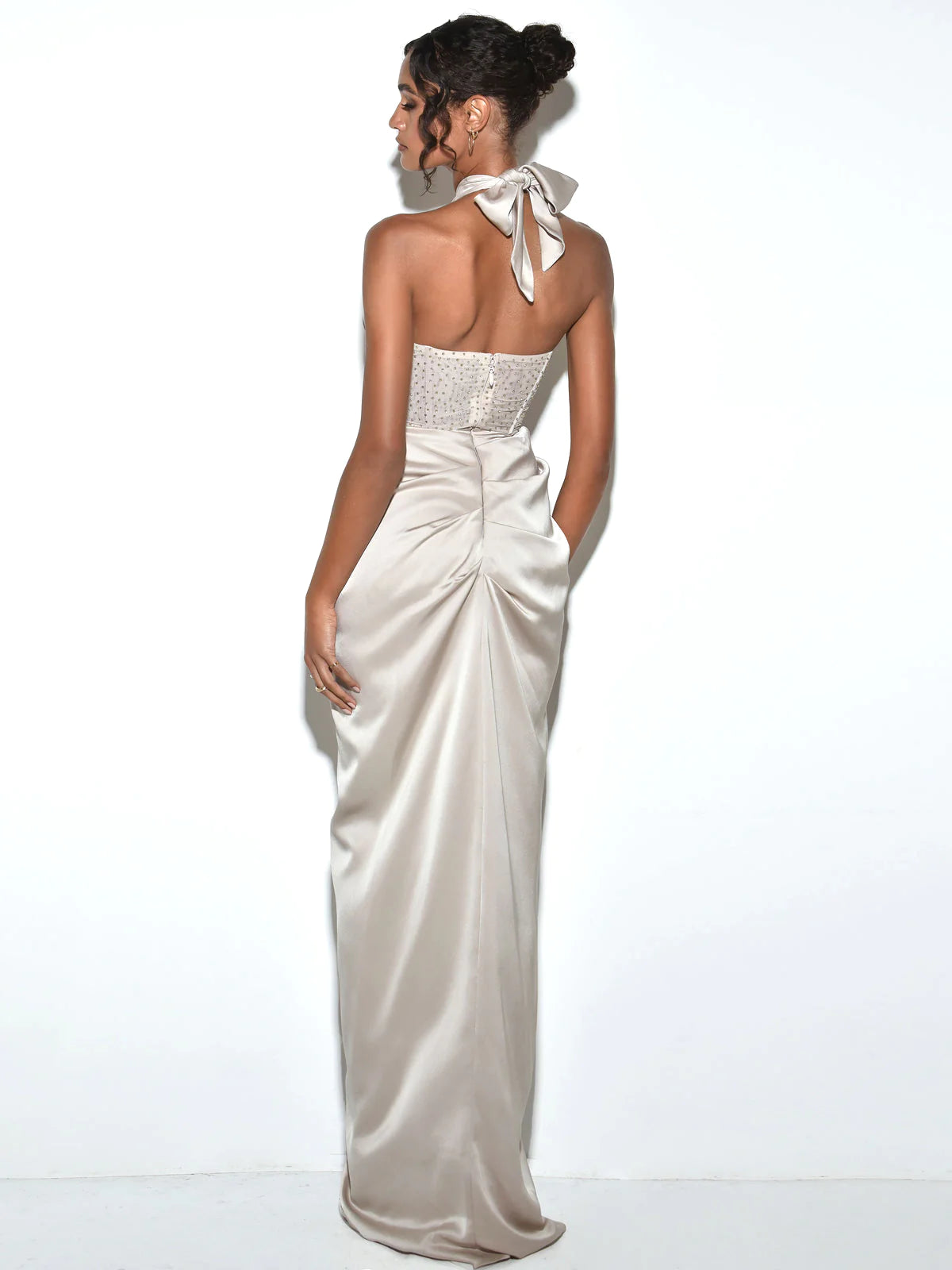 Noemie Champagne Crystal Corset Satin Gown