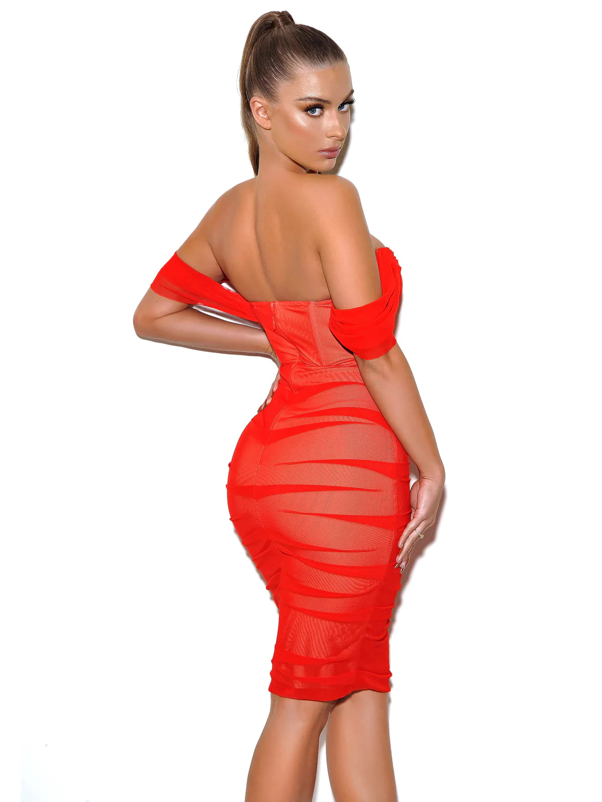 Weslee Red Off Shoulder Mesh Corset Dress