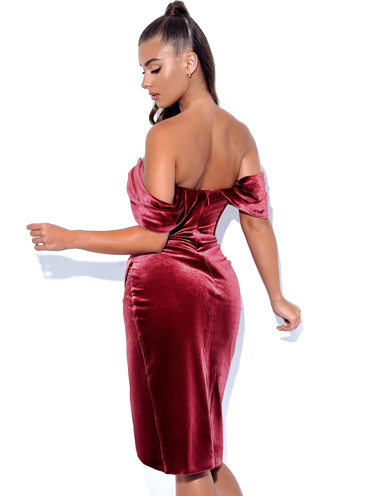 Omaria Burgundy Velvet Off Shoulder Corset Dress