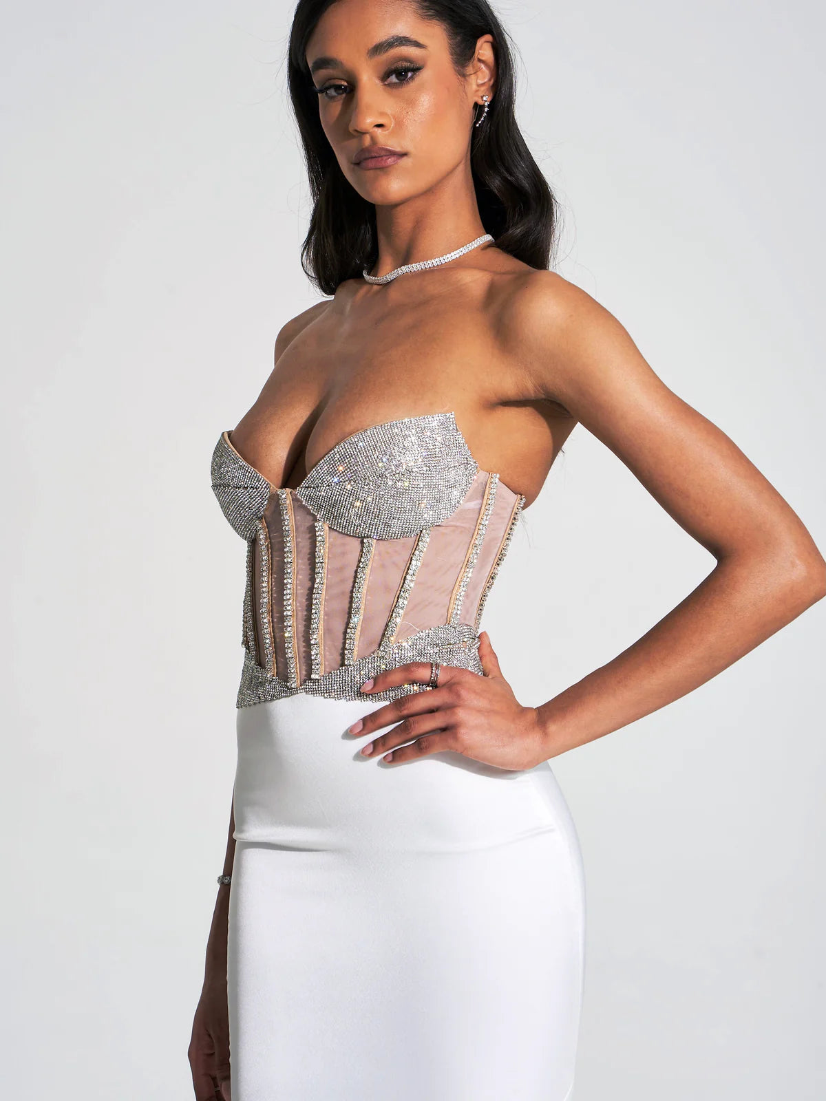 Delany White Crystal Corset Satin Gown