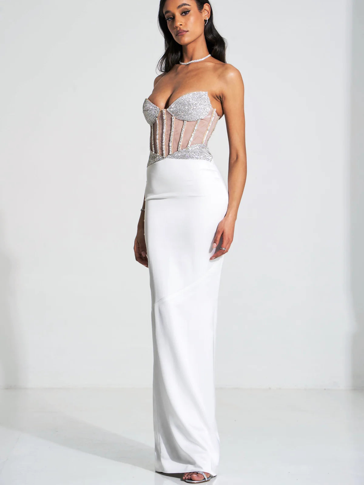 Delany White Crystal Corset Satin Gown