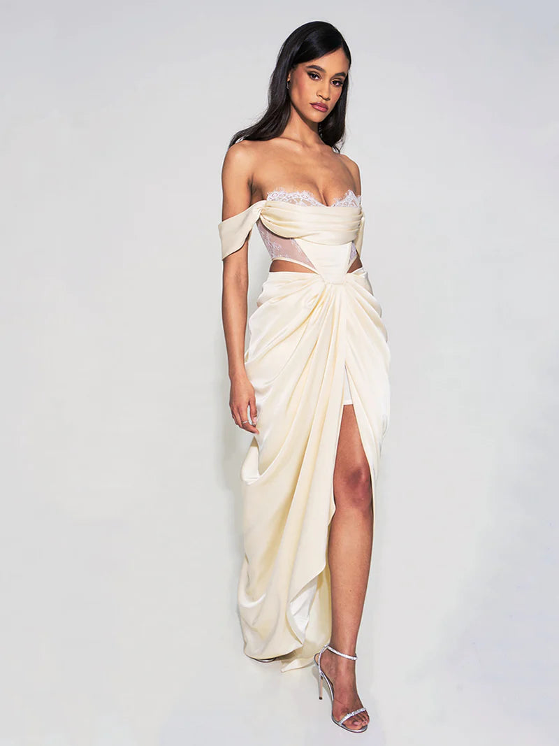 Umbrielle Pearl White Lace Satin Corset Off Shoulder Gown