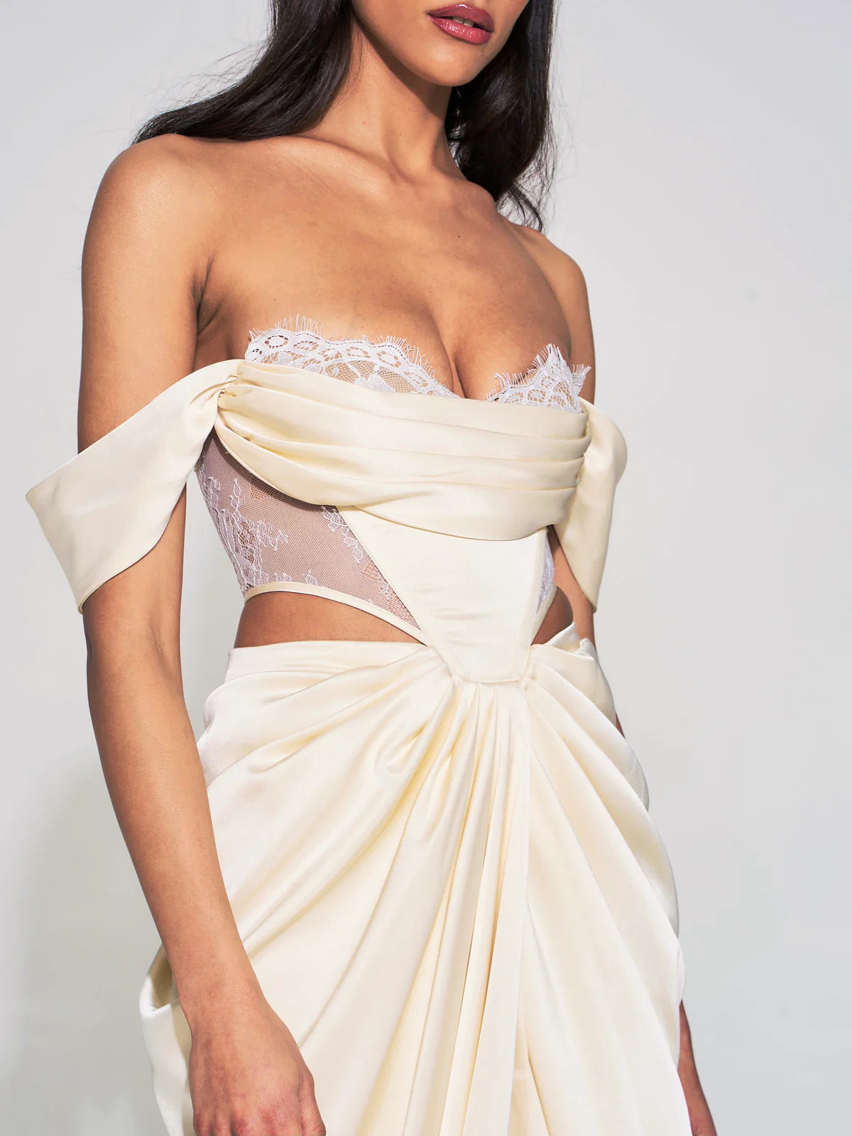 Umbrielle Pearl White Lace Satin Corset Off Shoulder Gown