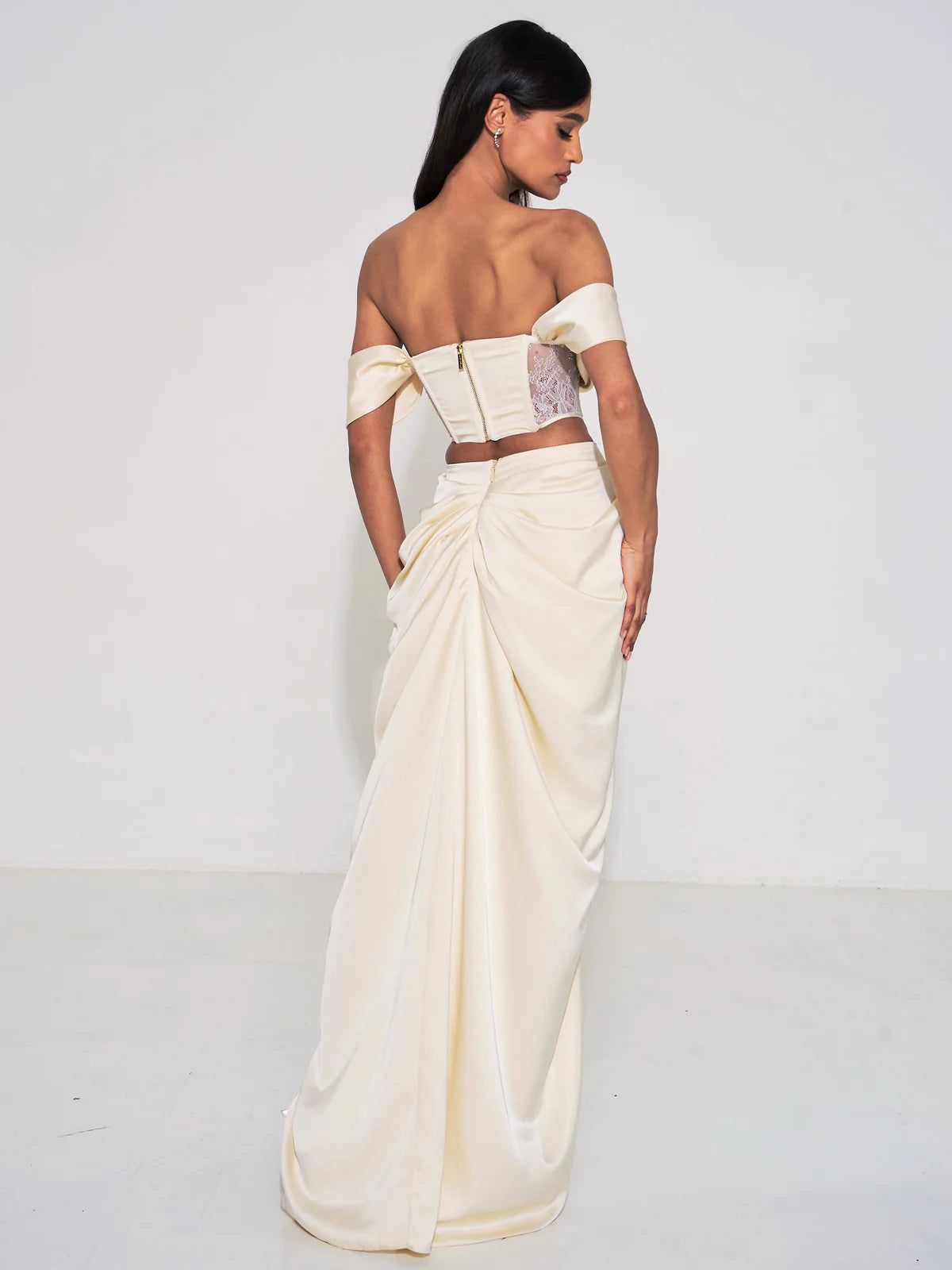 Umbrielle Pearl White Lace Satin Corset Off Shoulder Gown