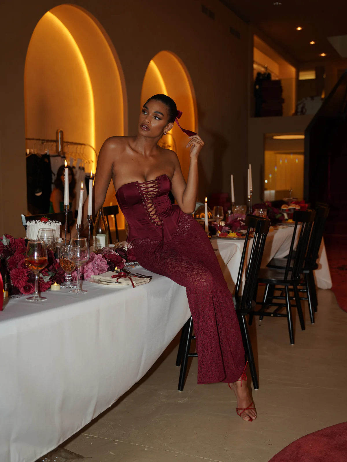 Lucinda Burgundy Satin Lace Corset Maxi Dress