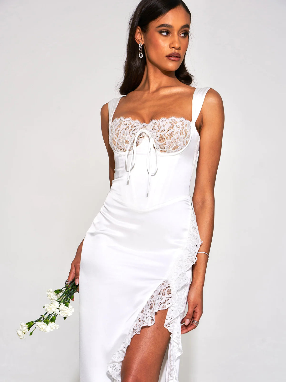 Freddie White Lace Satin Maxi Corset Dress