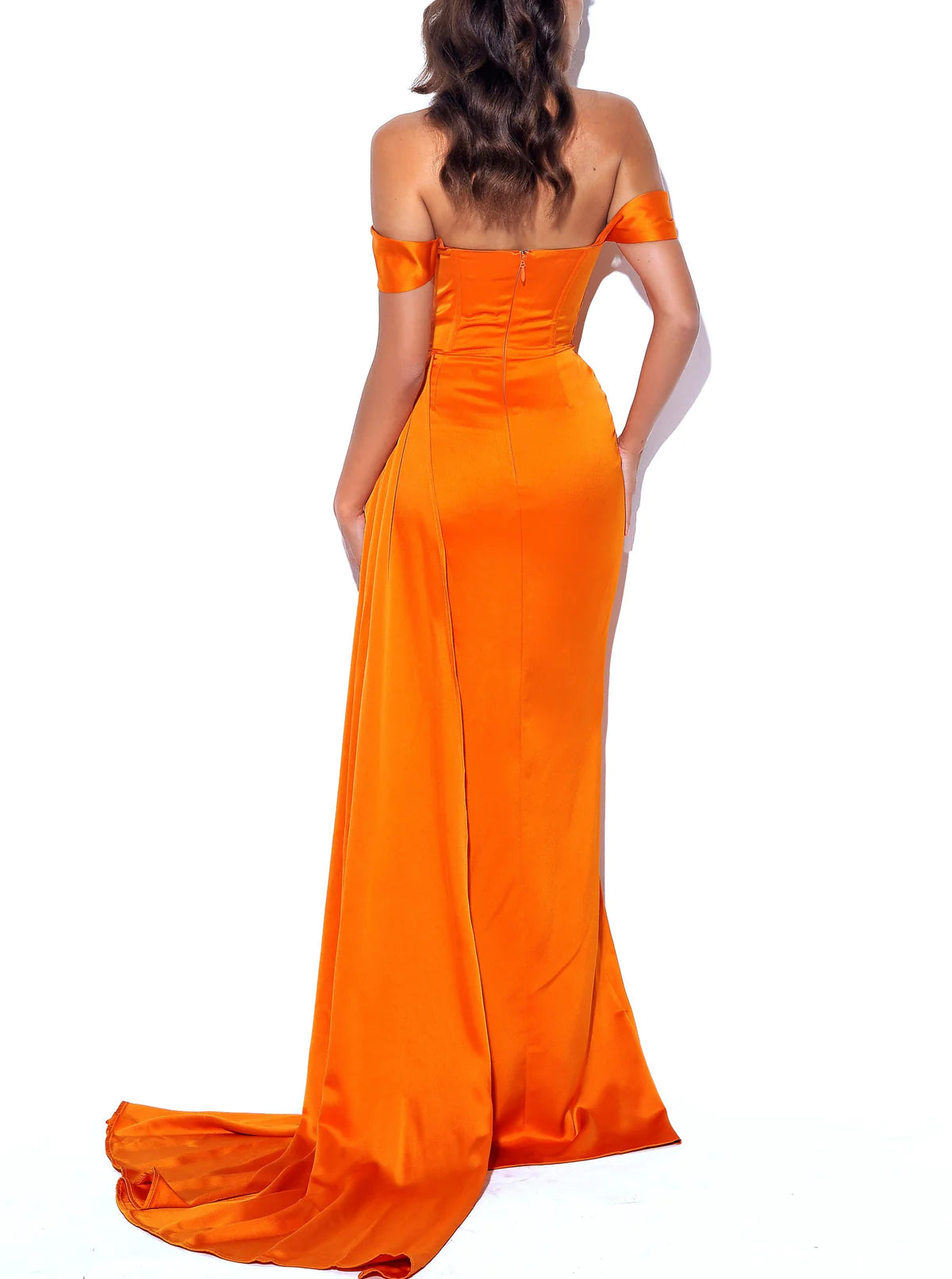 Zayda Orange High Slit Corset Satin Gown