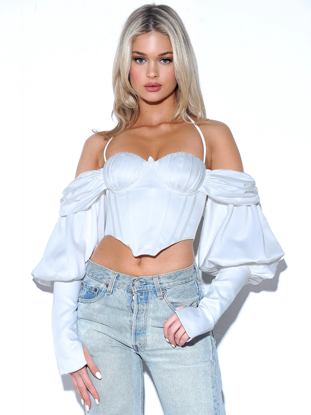 Evie White Satin Puff Sleeve Corset Top