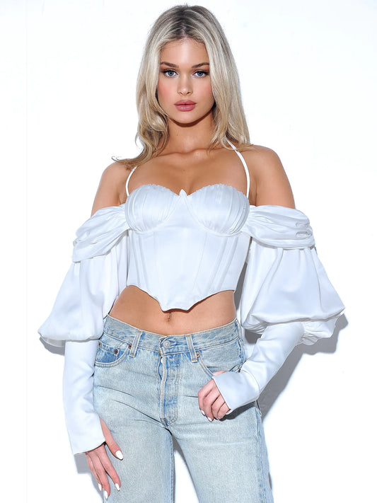 Evie White Satin Puff Sleeve Corset Top