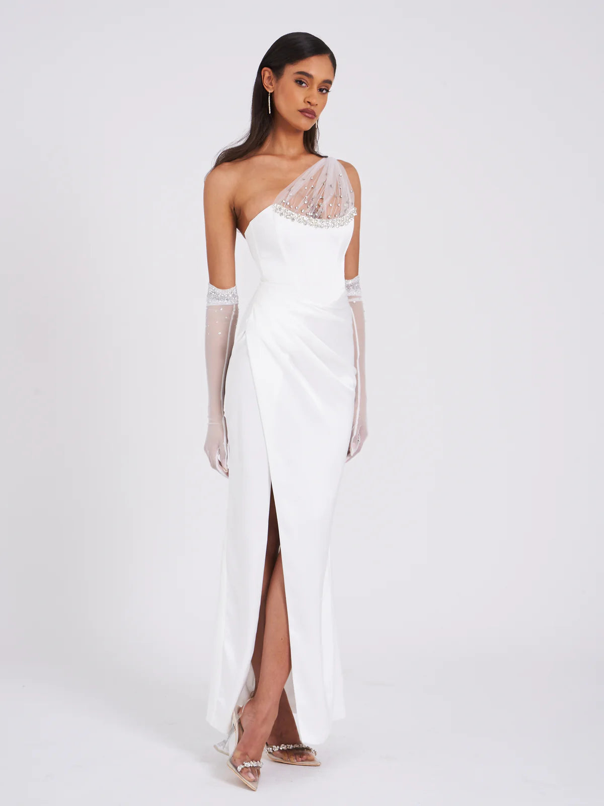 Lora White Crystal Embellished Mesh Satin Corset Gown