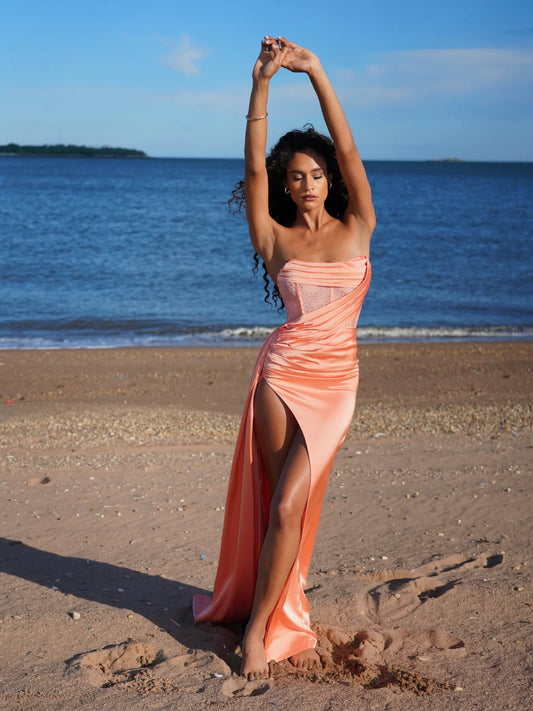 Holly Coral Crystallized Corset High Slit Satin Gown