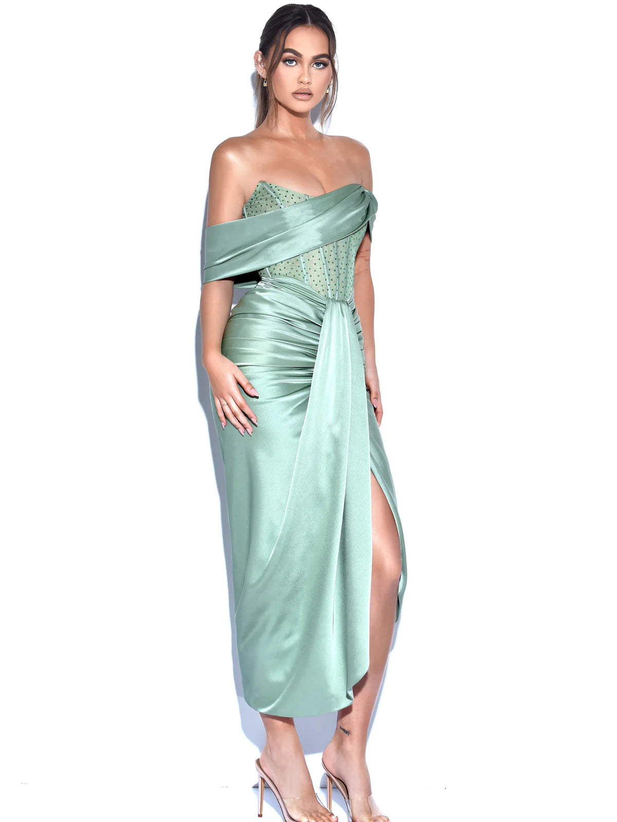 Stella Basil Off Shoulder Crystal Corset Satin Gown