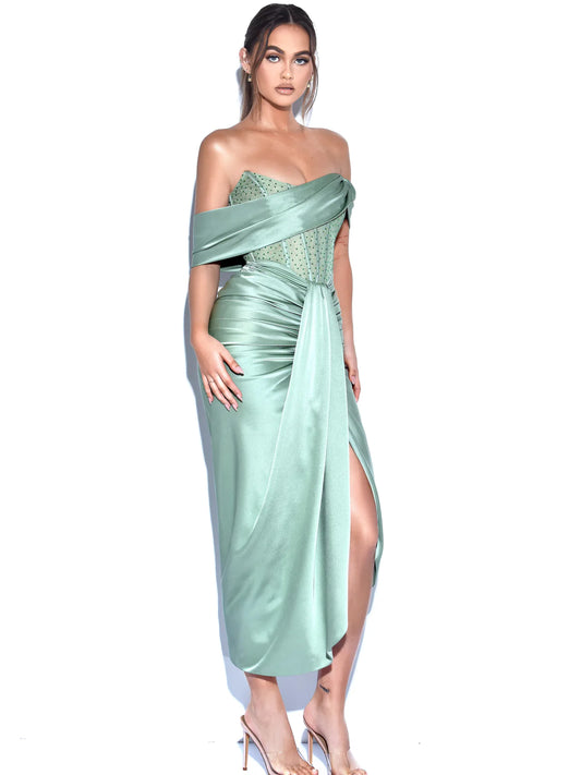 Stella Basil Off Shoulder Crystal Corset Satin Gown