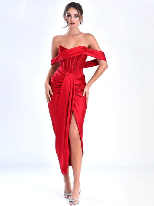 Stella Burgundy Off Shoulder Crystal Corset Satin Gown