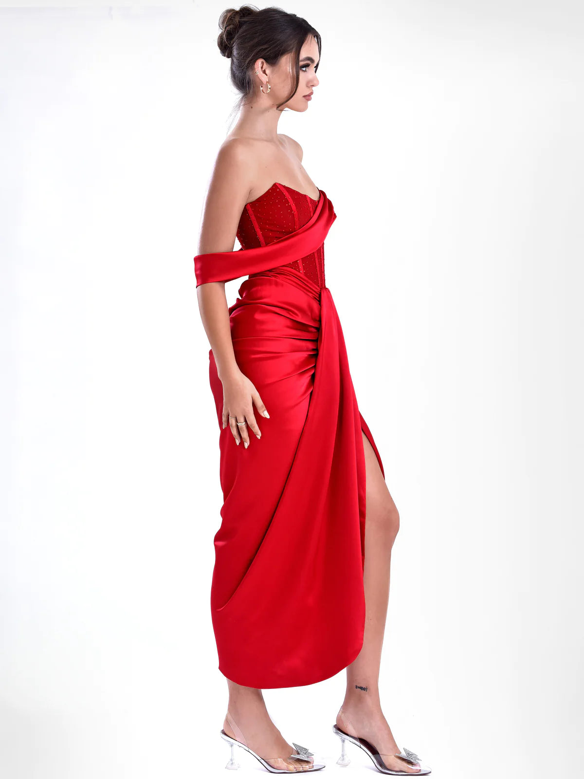 Stella Burgundy Off Shoulder Crystal Corset Satin Gown
