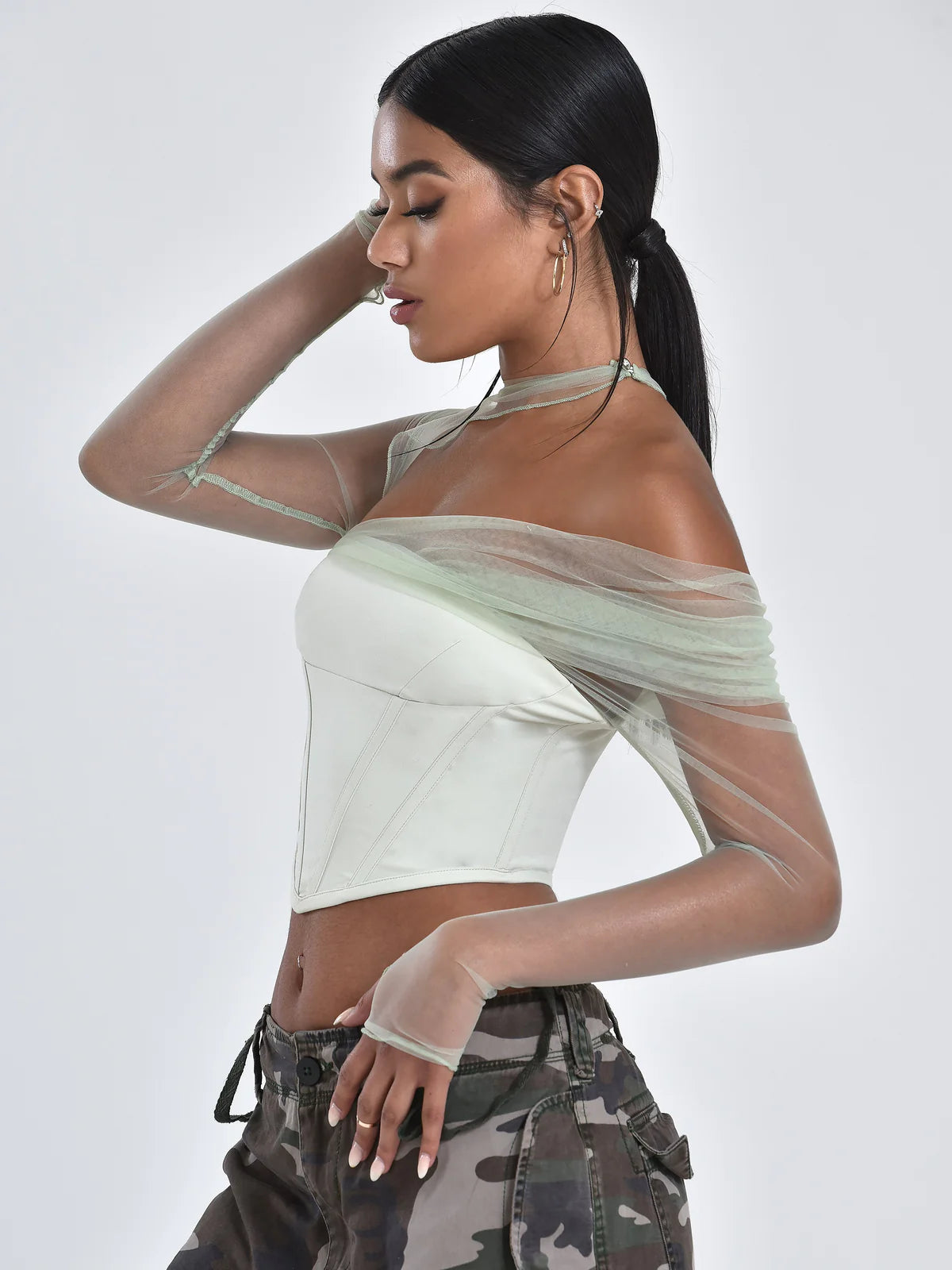 Miah Mint Stretch Mesh Sleeve Corset Top