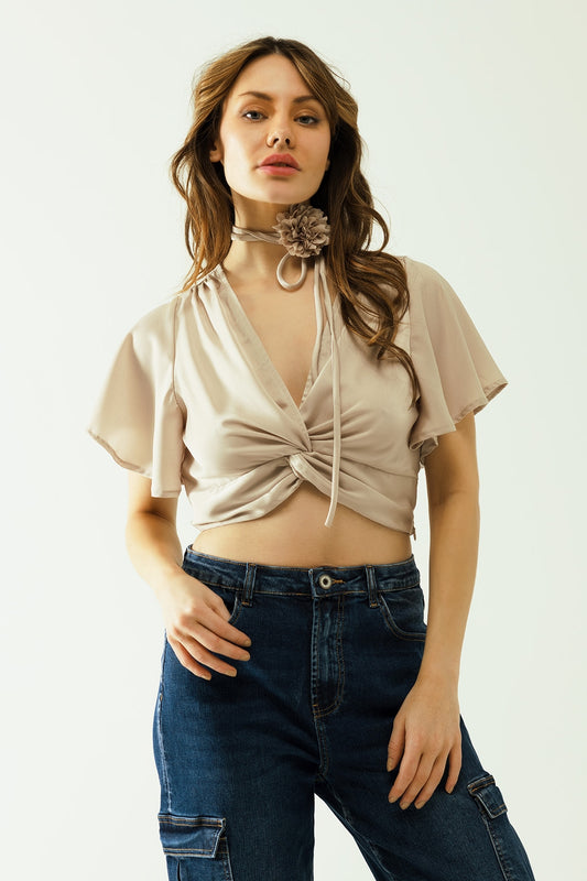 Beige V-neck Crop Top with Flower