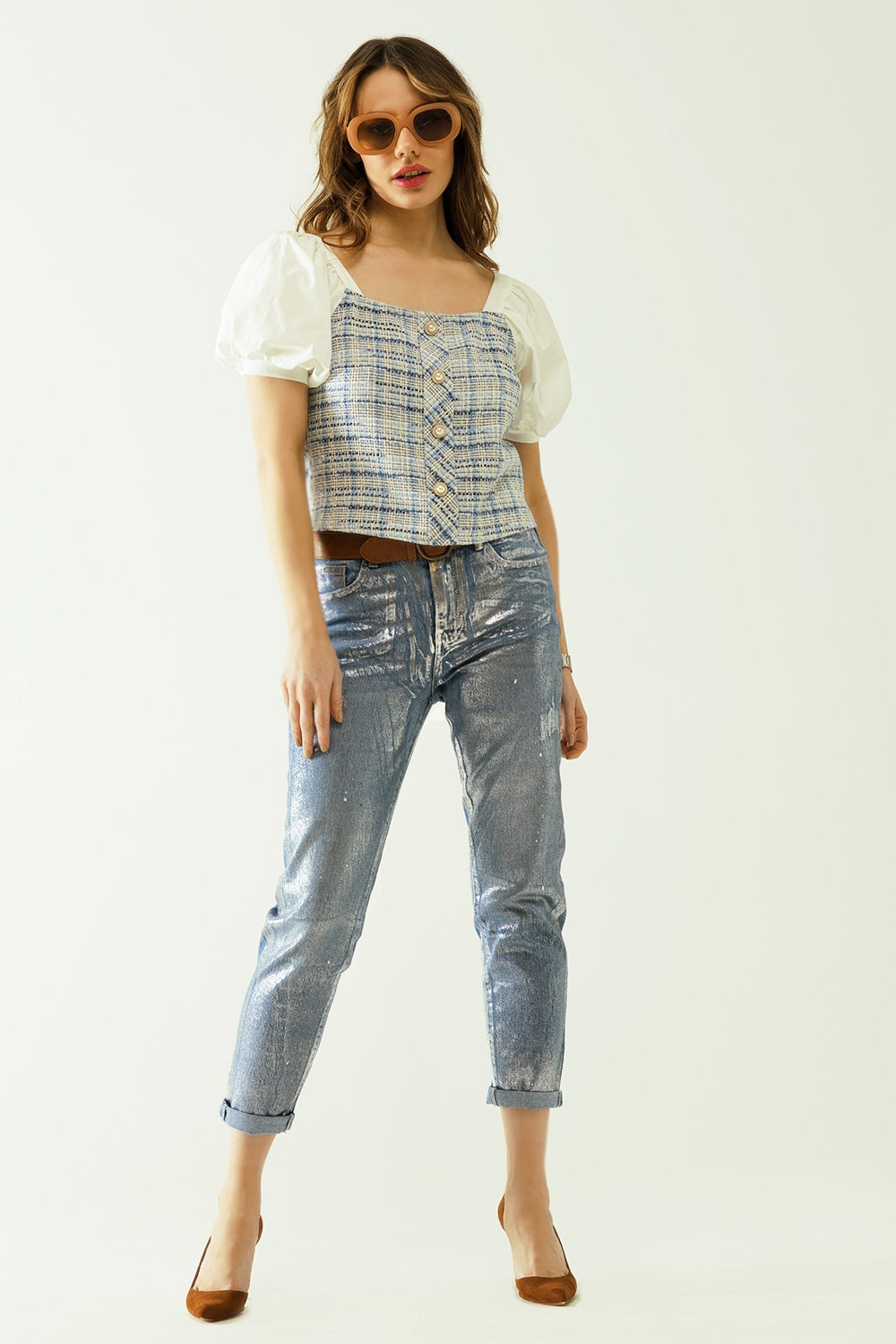 Blue Tweed Top With Voluminous Short Sleeves And Pearl Buttons