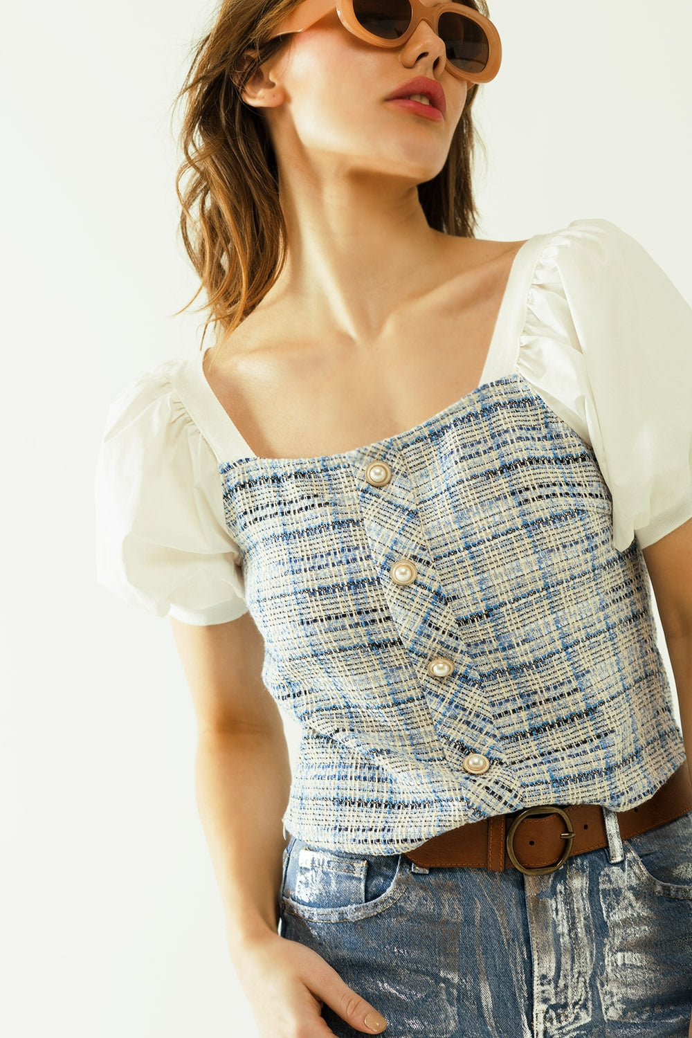 Blue Tweed Top With Voluminous Short Sleeves And Pearl Buttons