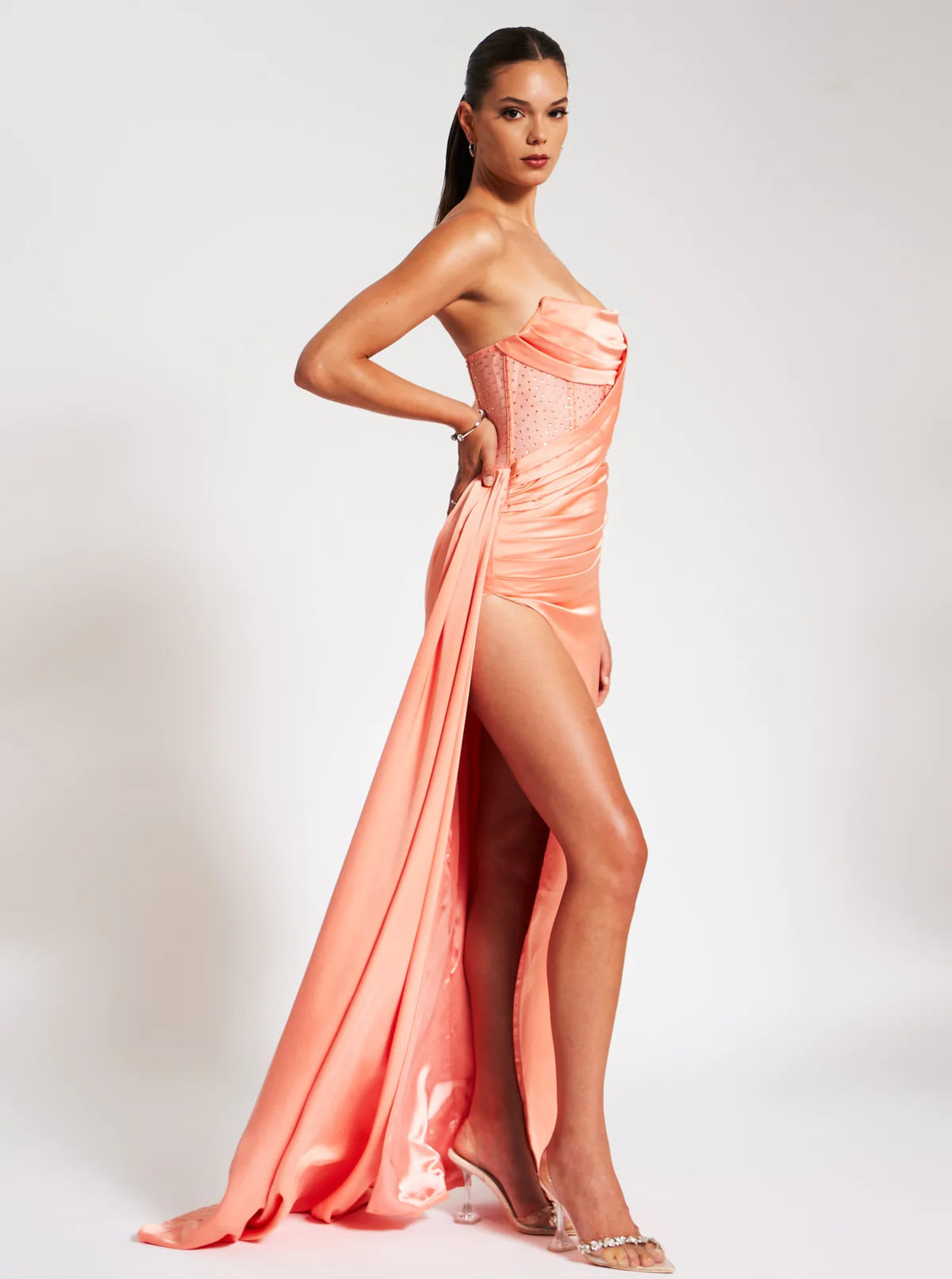 Holly Coral Crystallized Corset High Slit Satin Gown