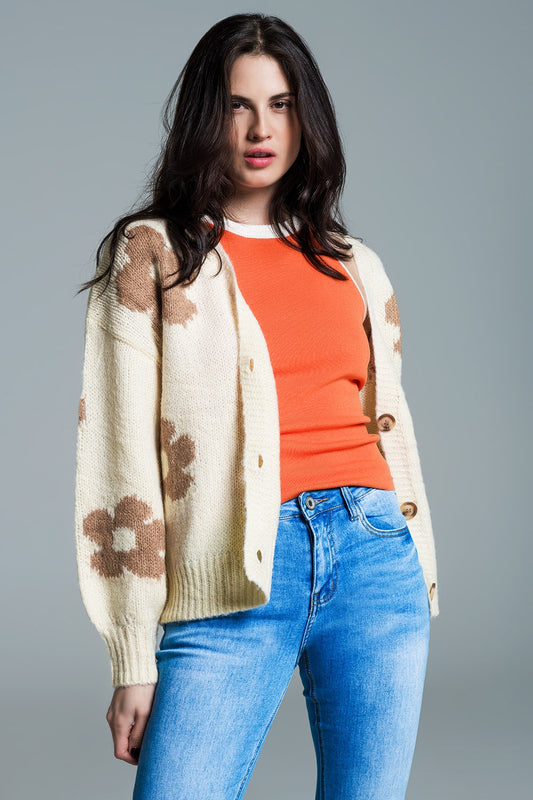Cream Cardigan With Brown Flowers And Wide V-Neckline