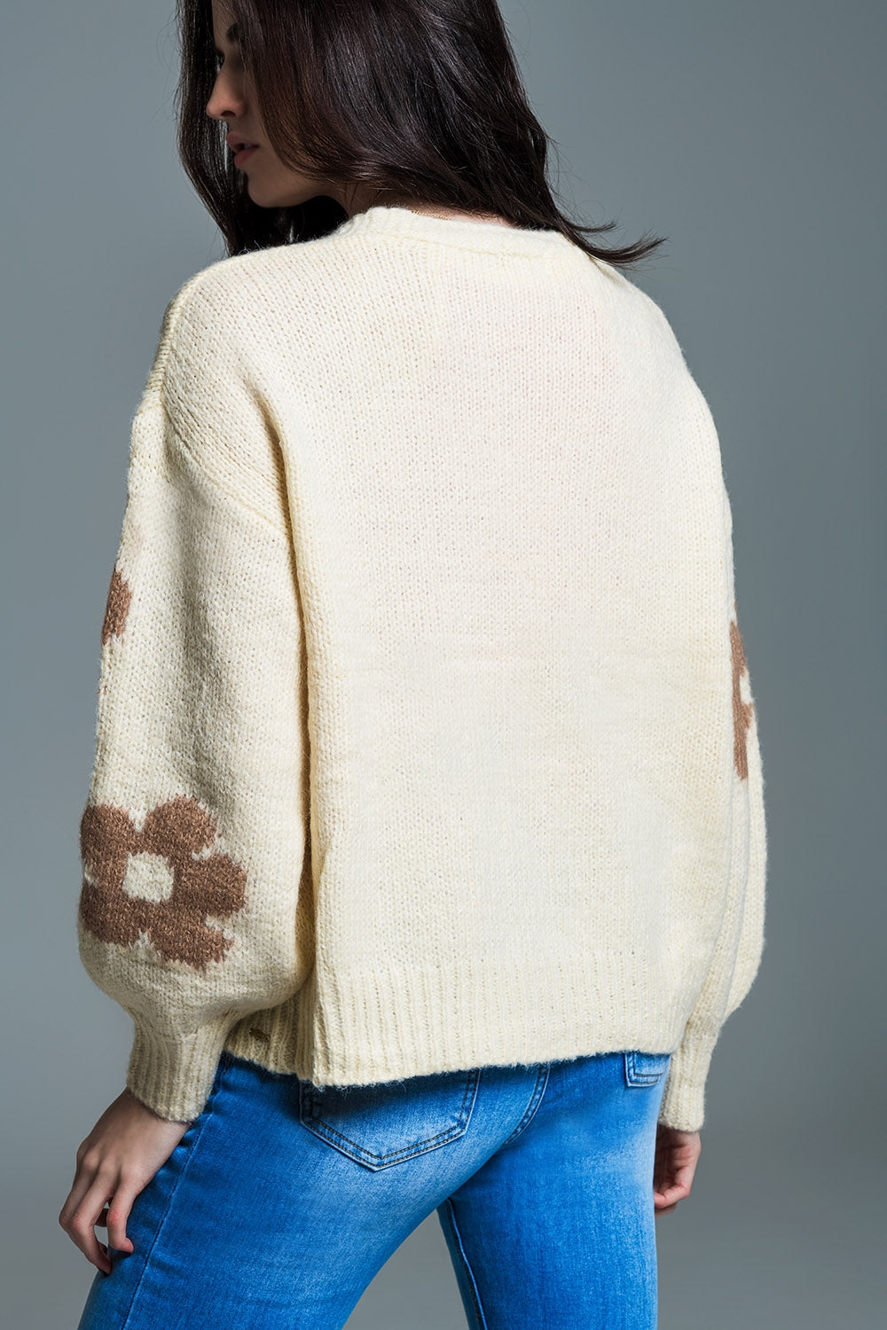 Cream Cardigan With Brown Flowers And Wide V-Neckline
