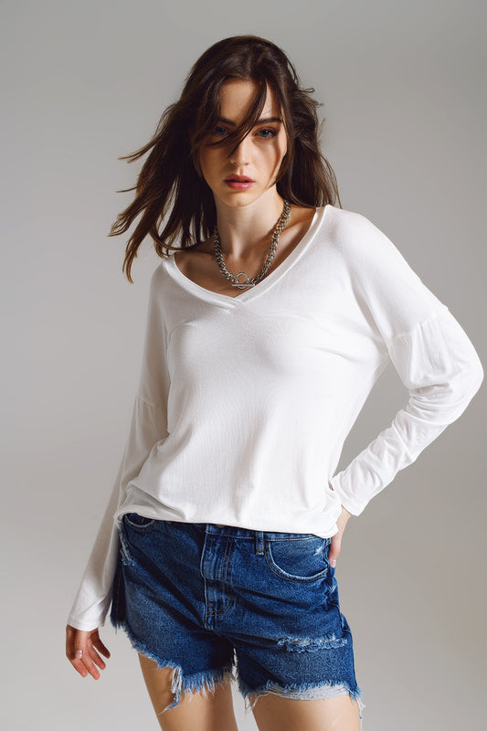 Cream Long Sleeve V Neck Top In Modal