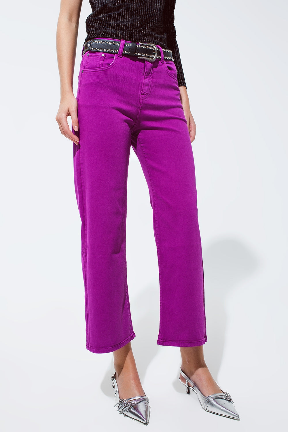Cropped Wide Leg Jeans In Violet 3/4 Length