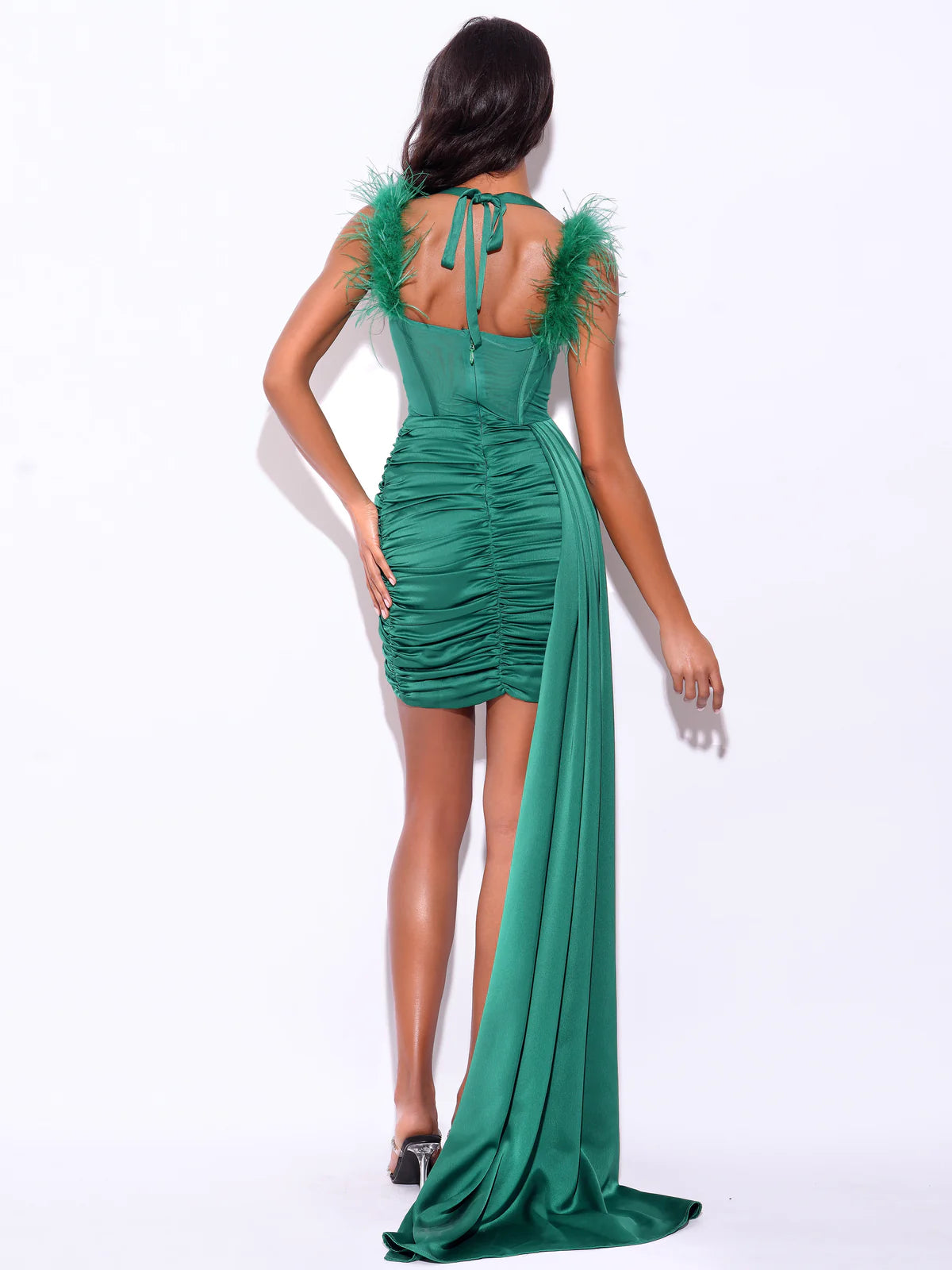 Wilma Emerald Green Satin Corset Draping Dress With Feather Strap