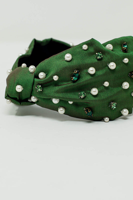 Embellished Headband With White And Green Jewells With Knot In The Middle
