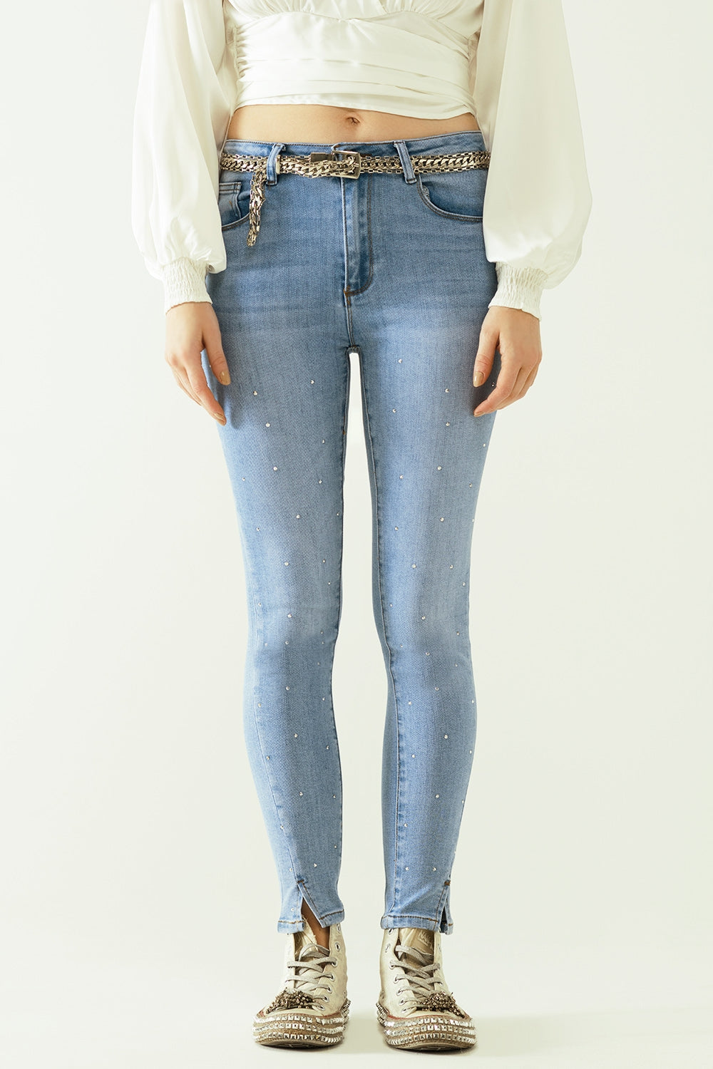 Five-Pocket Skinny Jeans In Stretch Denim With Strass Detail All Over