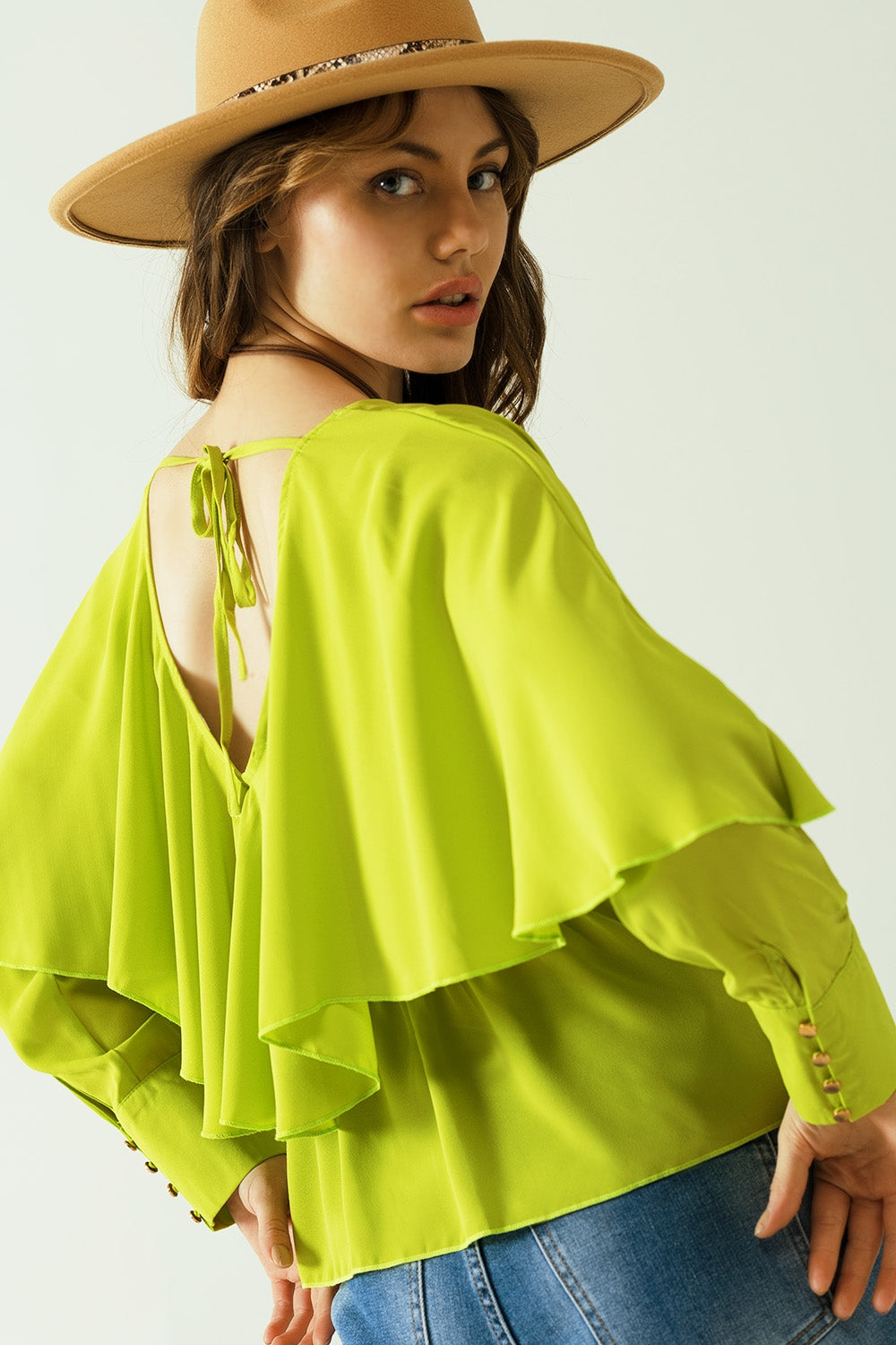 Green Long Sleeve Top with Bare Back