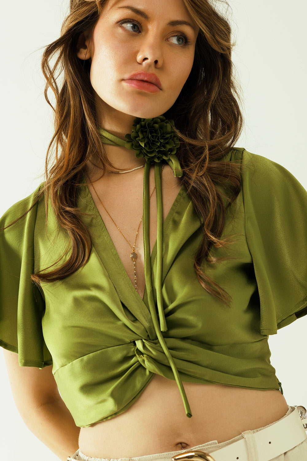 Green V-neck Crop Top with Flower