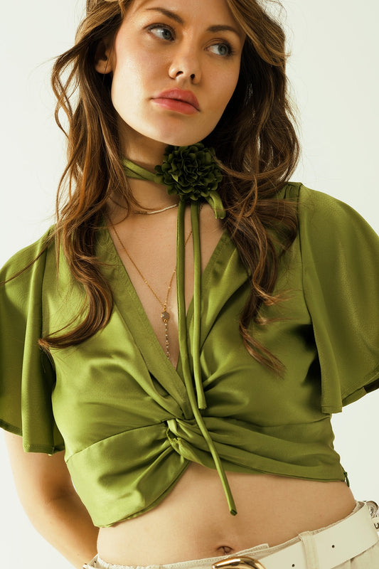 Green V-neck Crop Top with Flower