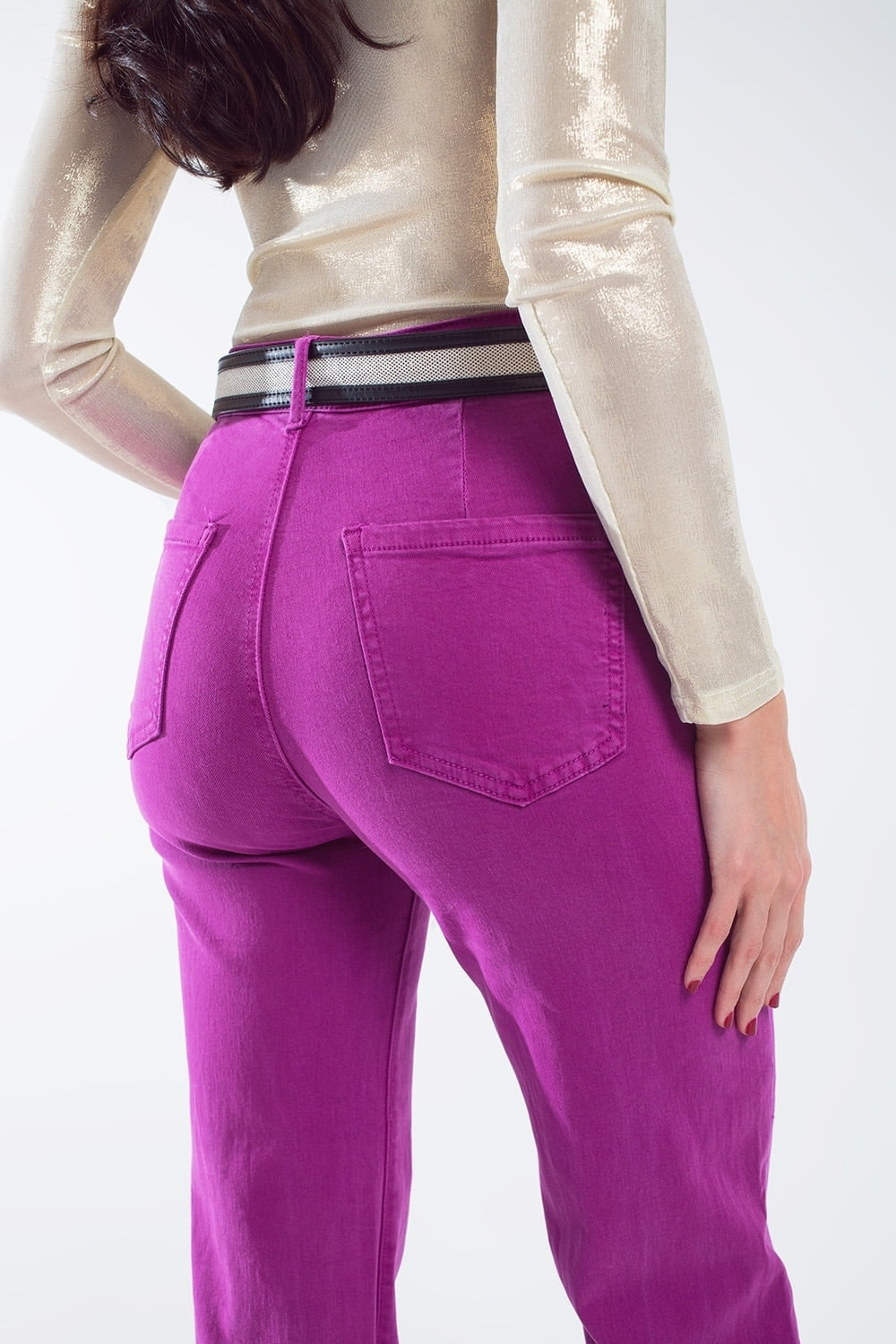 High Waisted Front Pockets Flare Jeans In Magenta