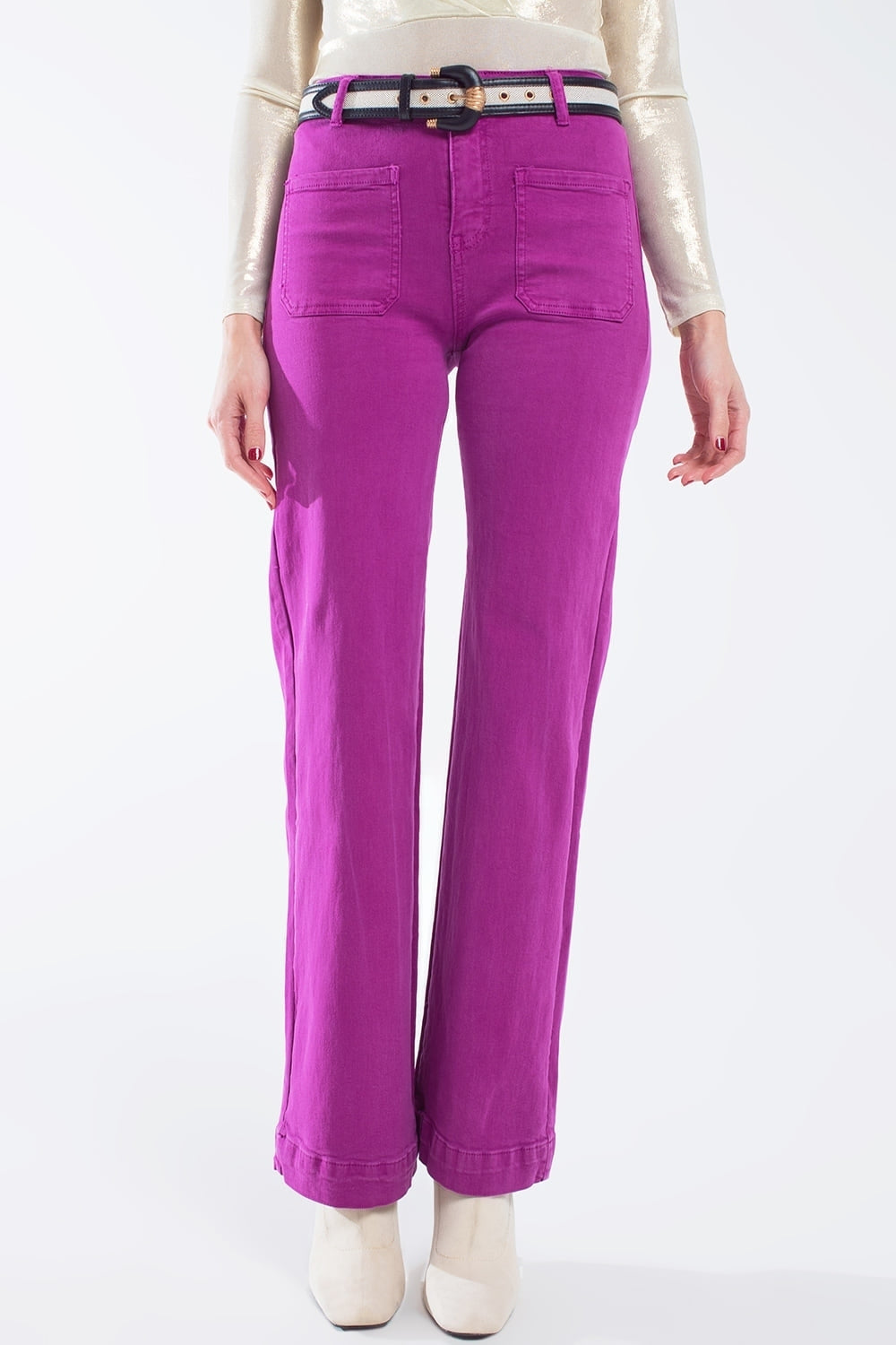 High Waisted Front Pockets Flare Jeans In Magenta