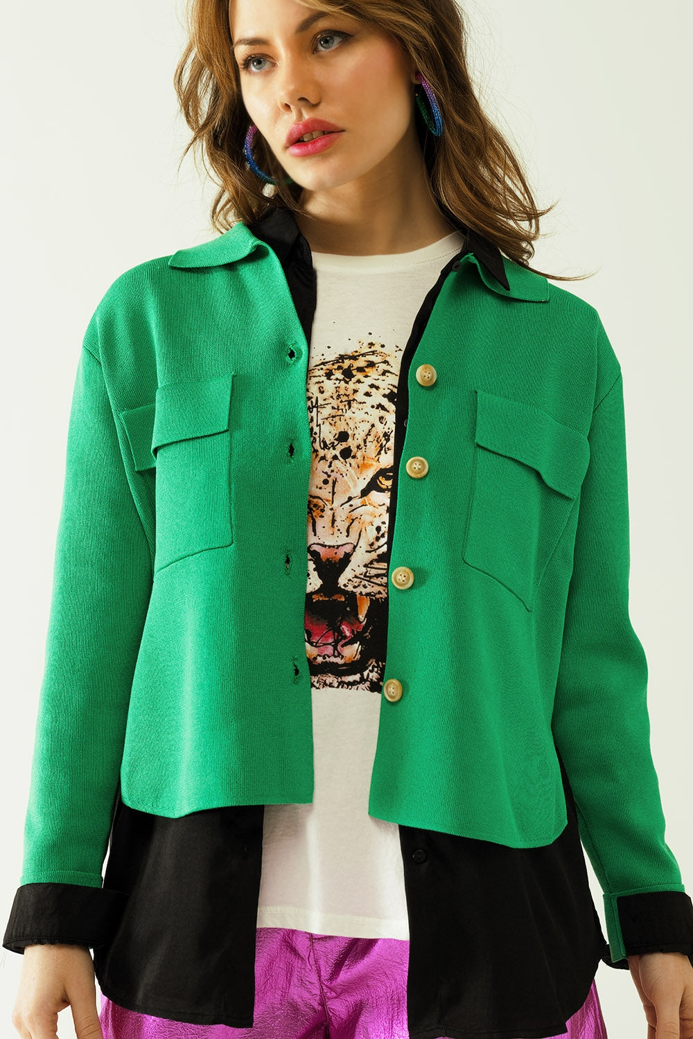 Knitted Cardigan With Chest Pockes And Golden Buttons In Green