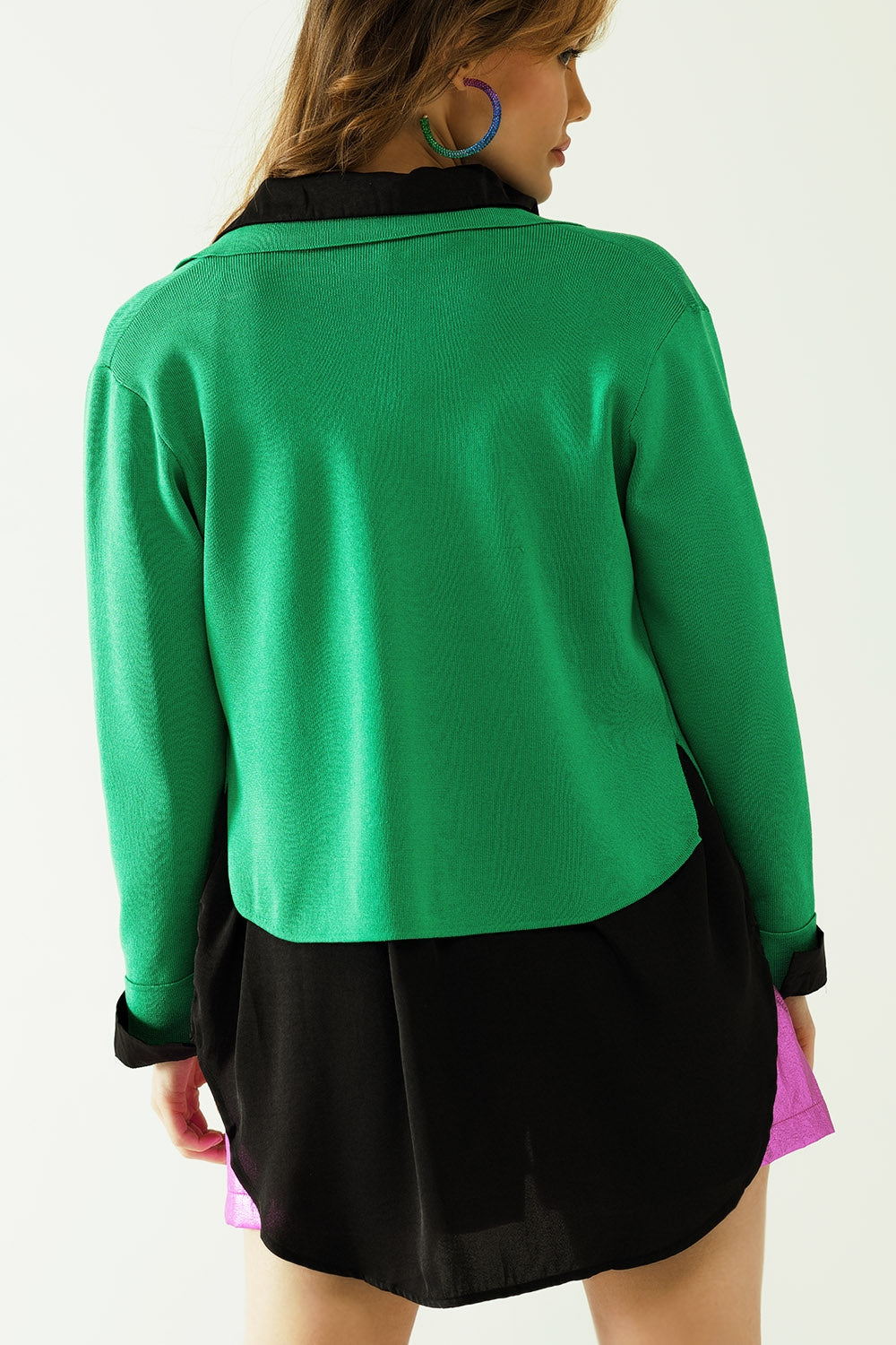 Knitted Cardigan With Chest Pockes And Golden Buttons In Green