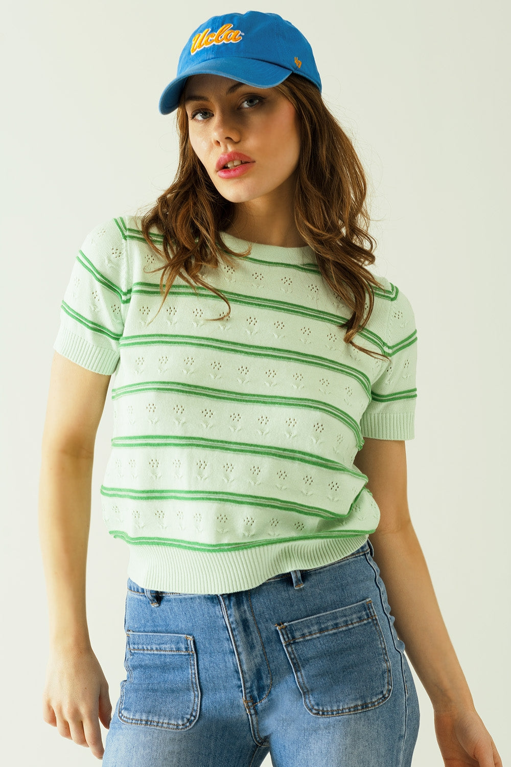 Light Green Sweater With Dark Green Stripe With Discreet Floral Details