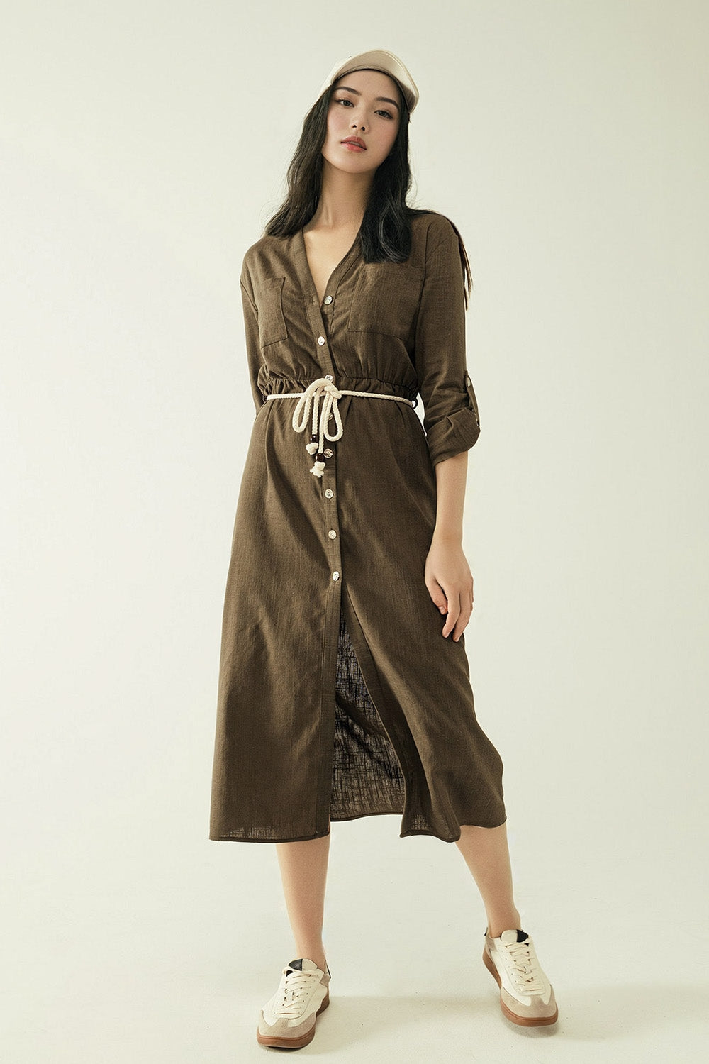 Long Sleeves Khaki Shirt Dress With Button Closure
