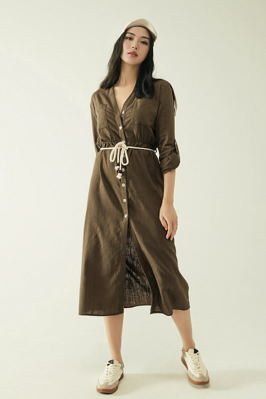 Long Sleeves Khaki Shirt Dress With Button Closure