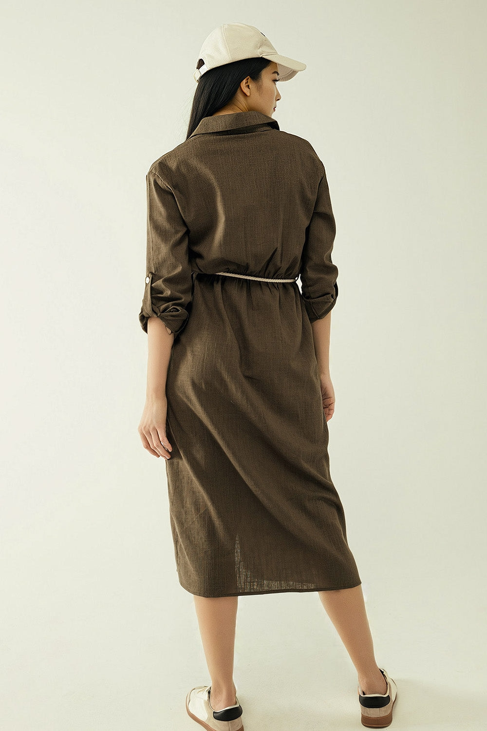 Long Sleeves Khaki Shirt Dress With Button Closure