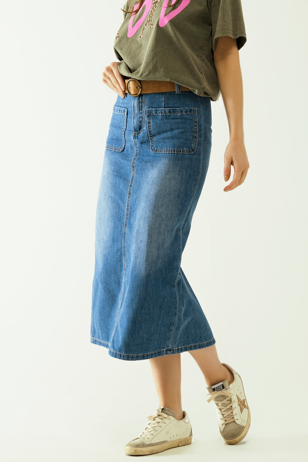 Midi Denim Skirt With Front Pockets